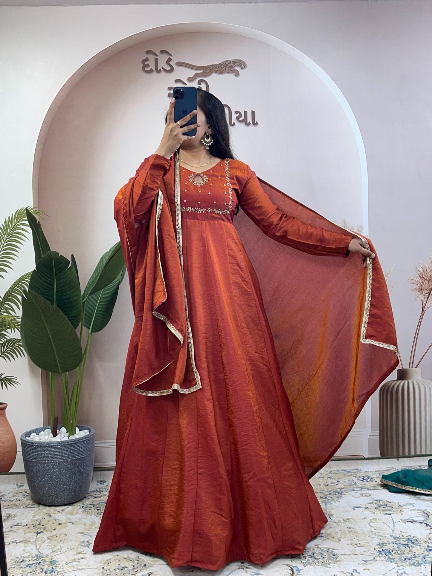 Elegant Silk Blend Embroidered Anarkali Gown Suit Set with Matching Dupatta
