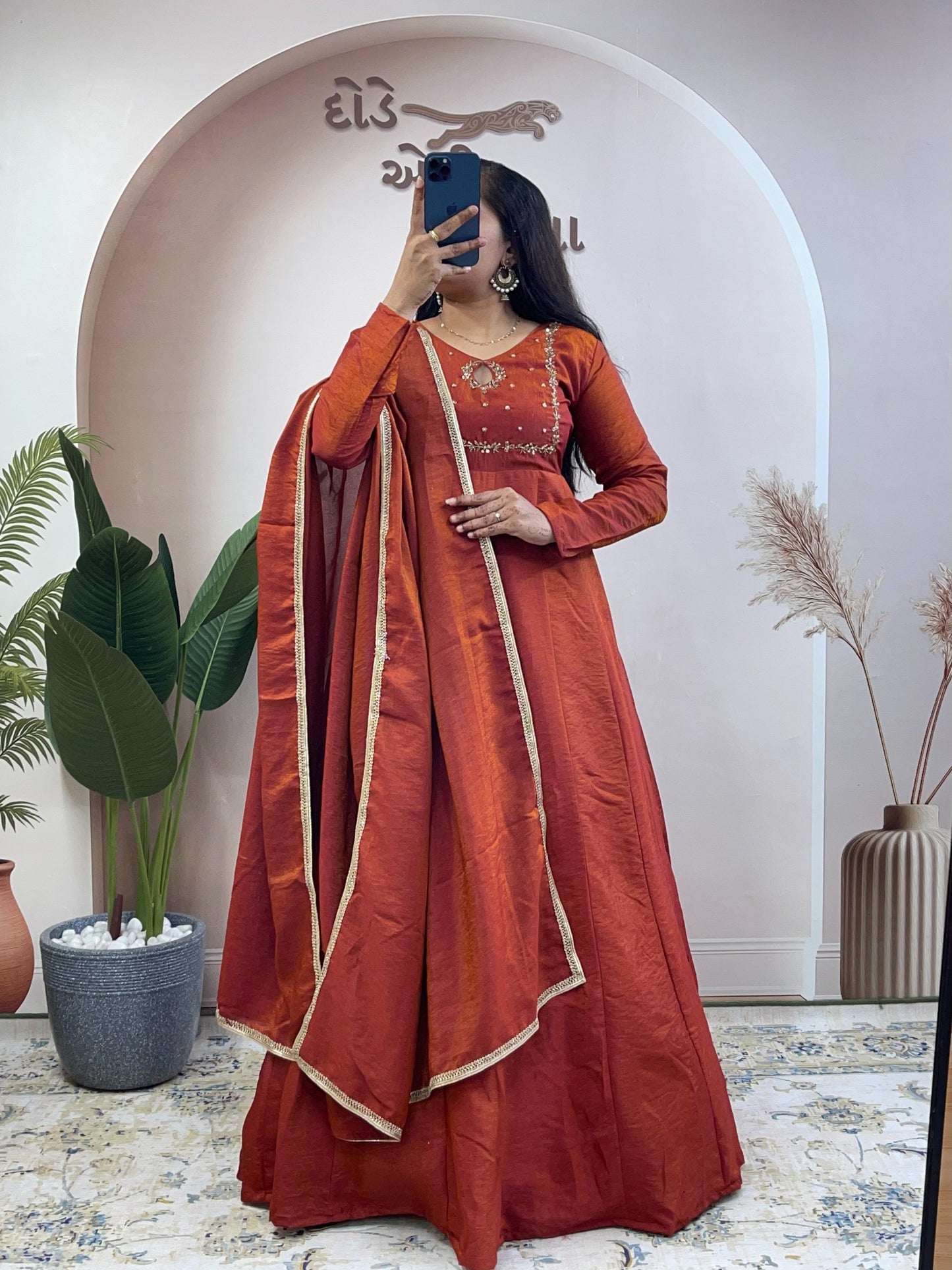 Elegant Silk Blend Embroidered Anarkali Gown Suit Set with Matching Dupatta