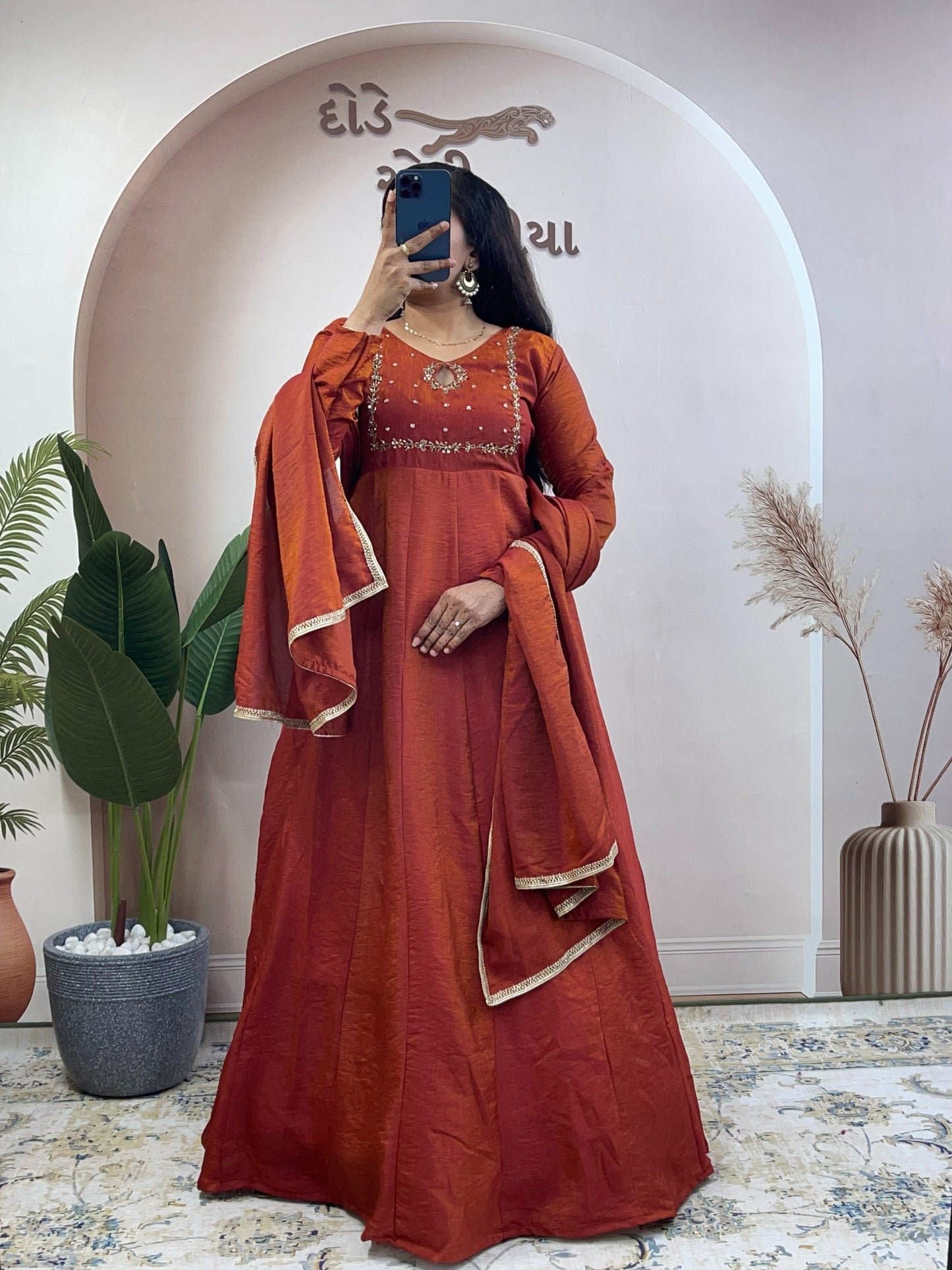 Elegant Silk Blend Embroidered Anarkali Gown Suit Set with Matching Dupatta