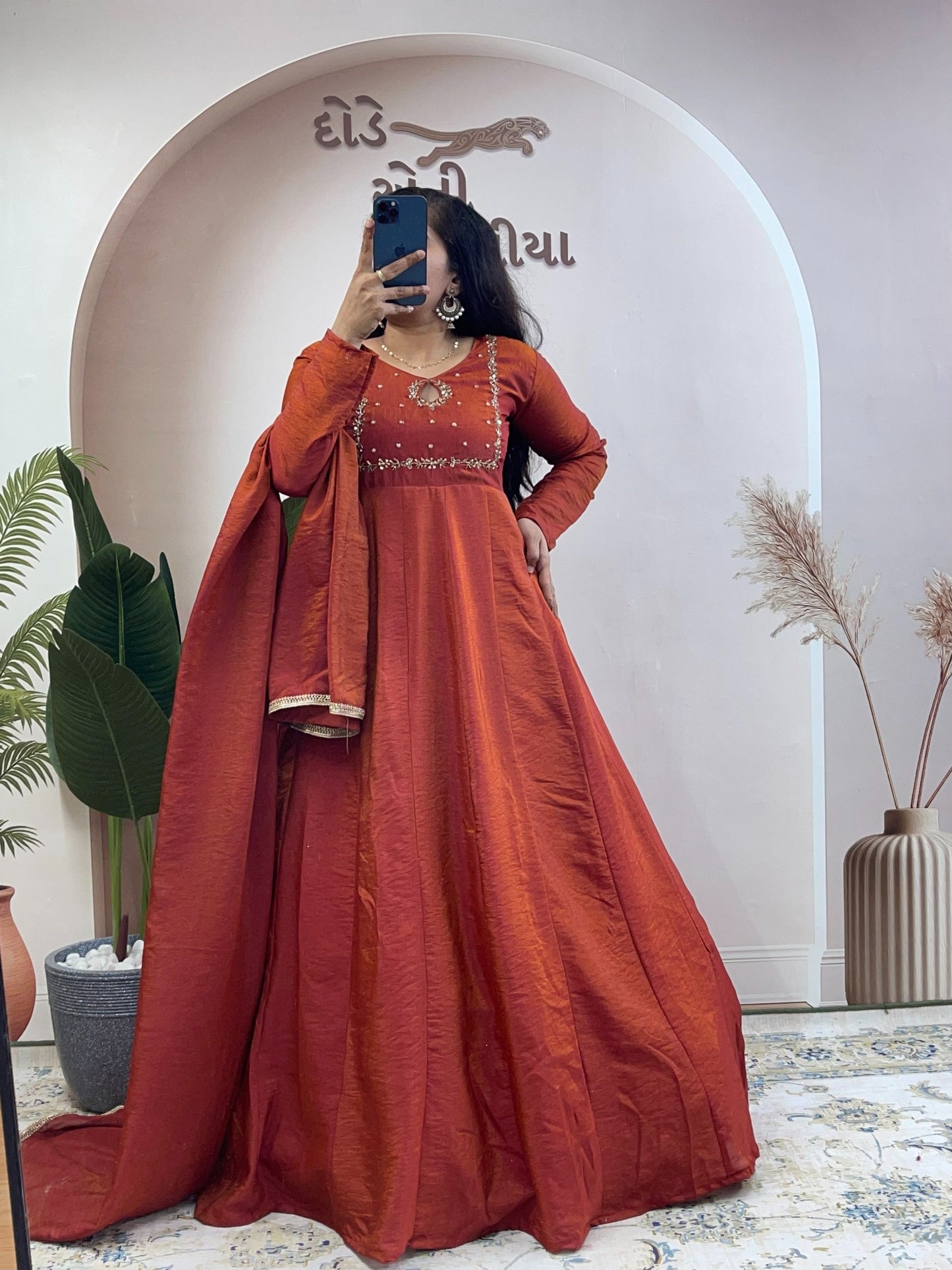 Elegant Silk Blend Embroidered Anarkali Gown Suit Set with Matching Dupatta