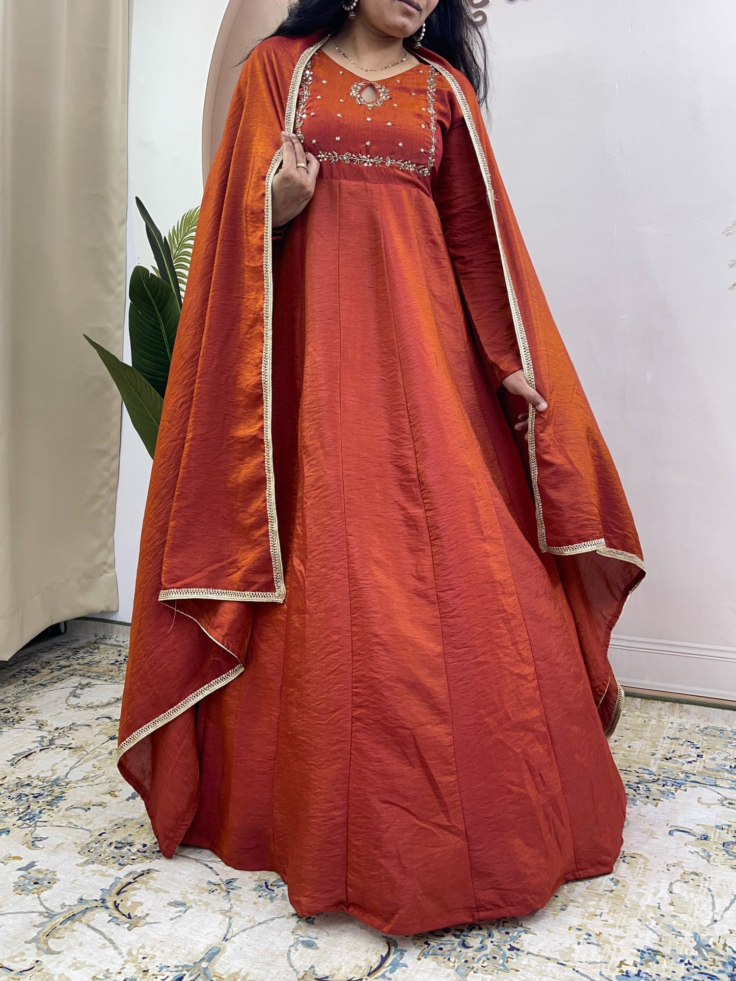 Elegant Silk Blend Embroidered Anarkali Gown Suit Set with Matching Dupatta