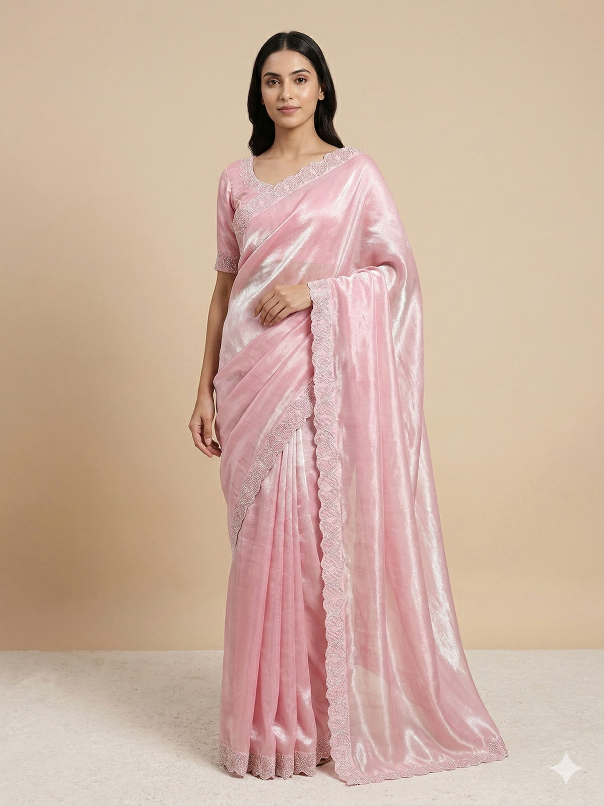 Elegant Pastel Pink Shimmer Organza Saree with Scalloped Cutwork Border and Matching Embroidered Blouse