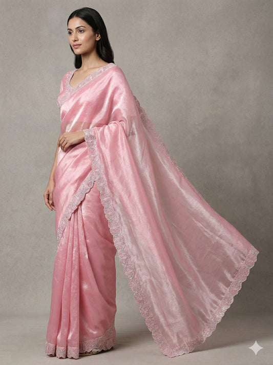 Elegant Pastel Pink Shimmer Organza Saree with Scalloped Cutwork Border and Matching Embroidered Blouse