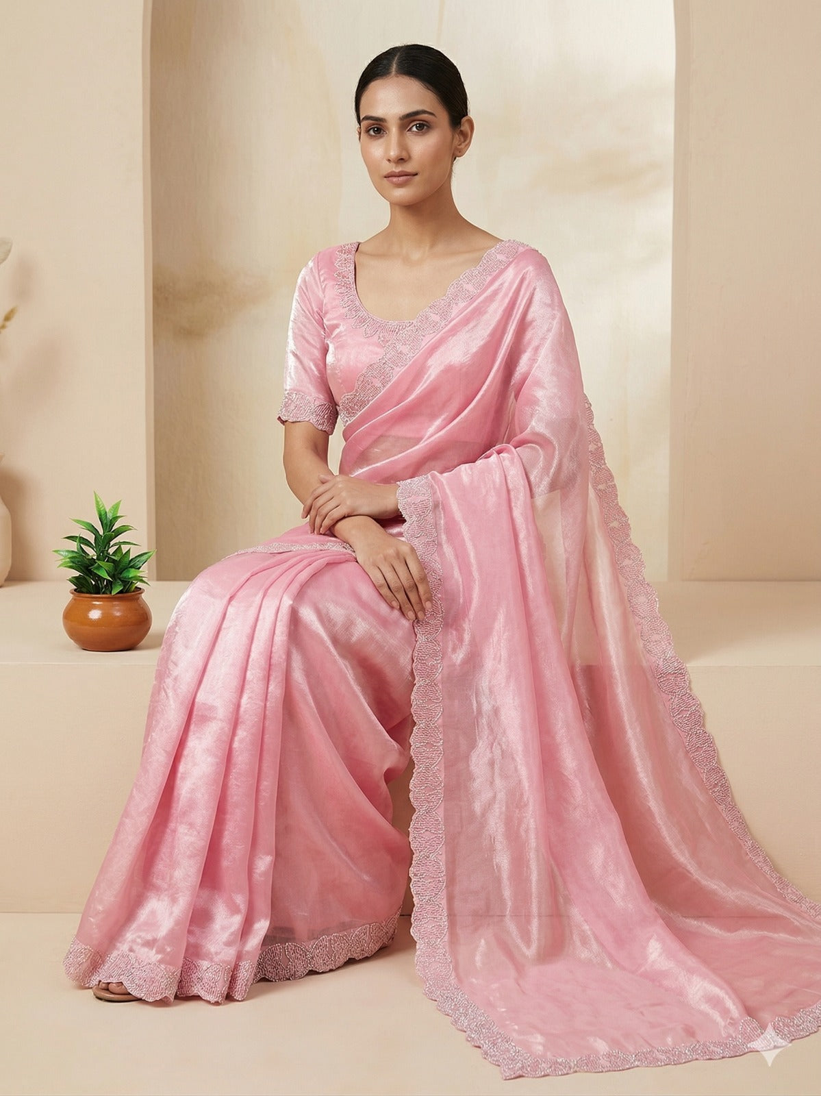 Elegant Pastel Pink Shimmer Organza Saree with Scalloped Cutwork Border and Matching Embroidered Blouse