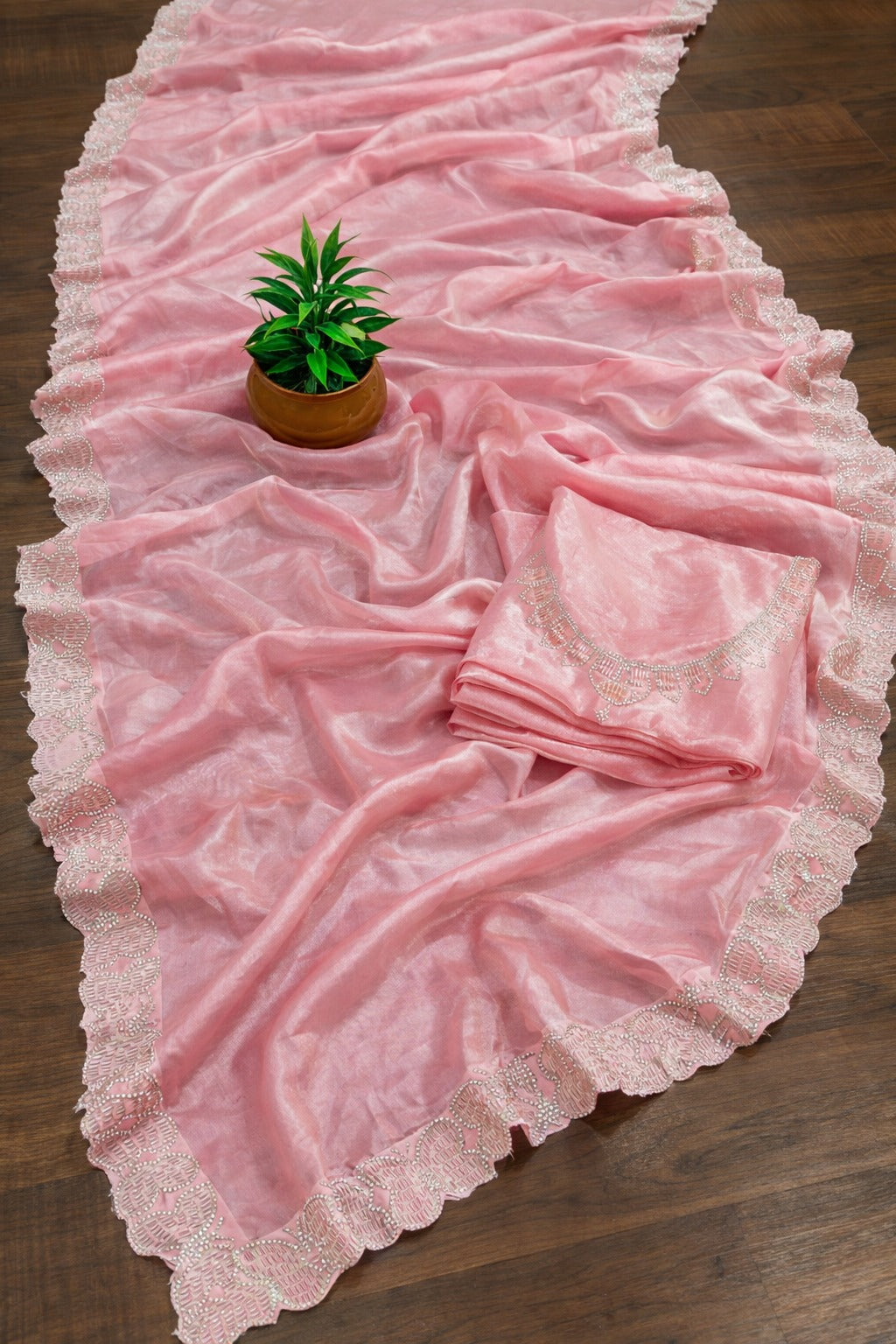 Elegant Pastel Pink Shimmer Organza Saree with Scalloped Cutwork Border and Matching Embroidered Blouse