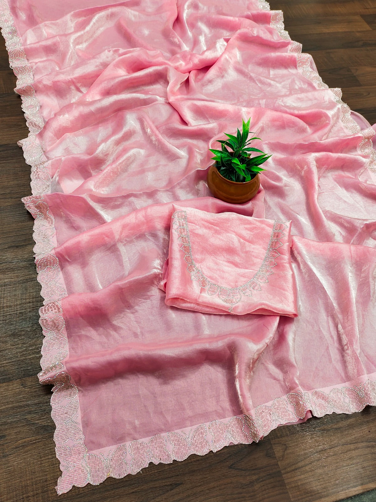 Elegant Pastel Pink Shimmer Organza Saree with Scalloped Cutwork Border and Matching Embroidered Blouse