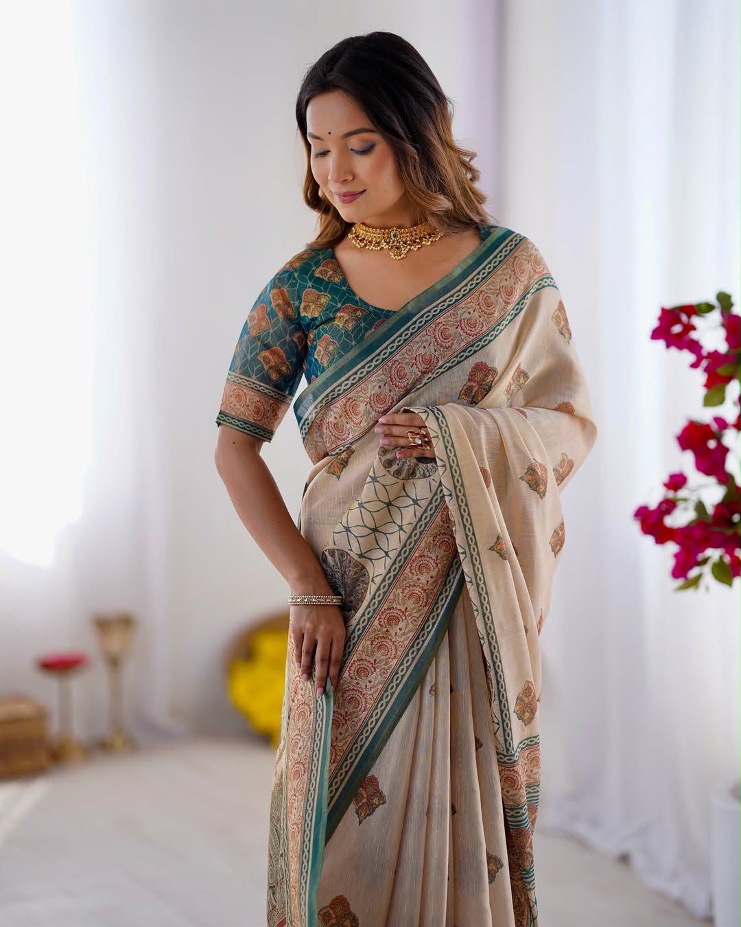 Women's Linen Cotton Saree in Beige with Horse Motif Digital Print - Traditional Casual Wear