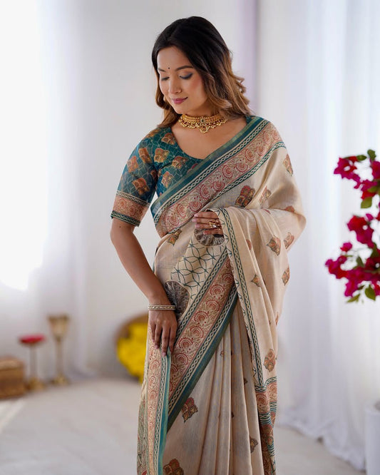 Women's Linen Cotton Saree in Beige with Horse Motif Digital Print - Traditional Casual Wear