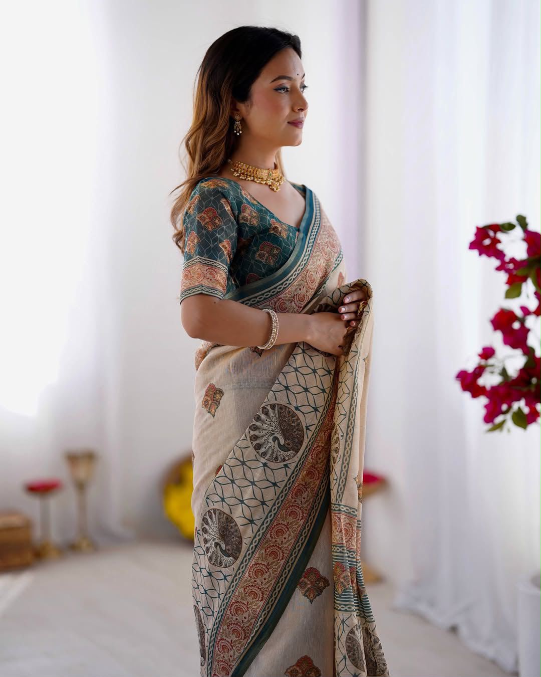 Women's Linen Cotton Saree in Beige with Horse Motif Digital Print - Traditional Casual Wear