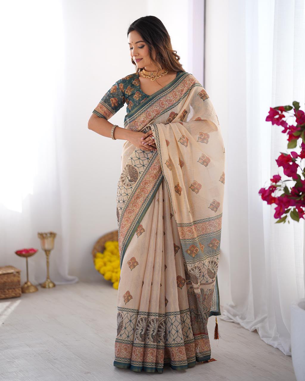 Women's Linen Cotton Saree in Beige with Horse Motif Digital Print - Traditional Casual Wear