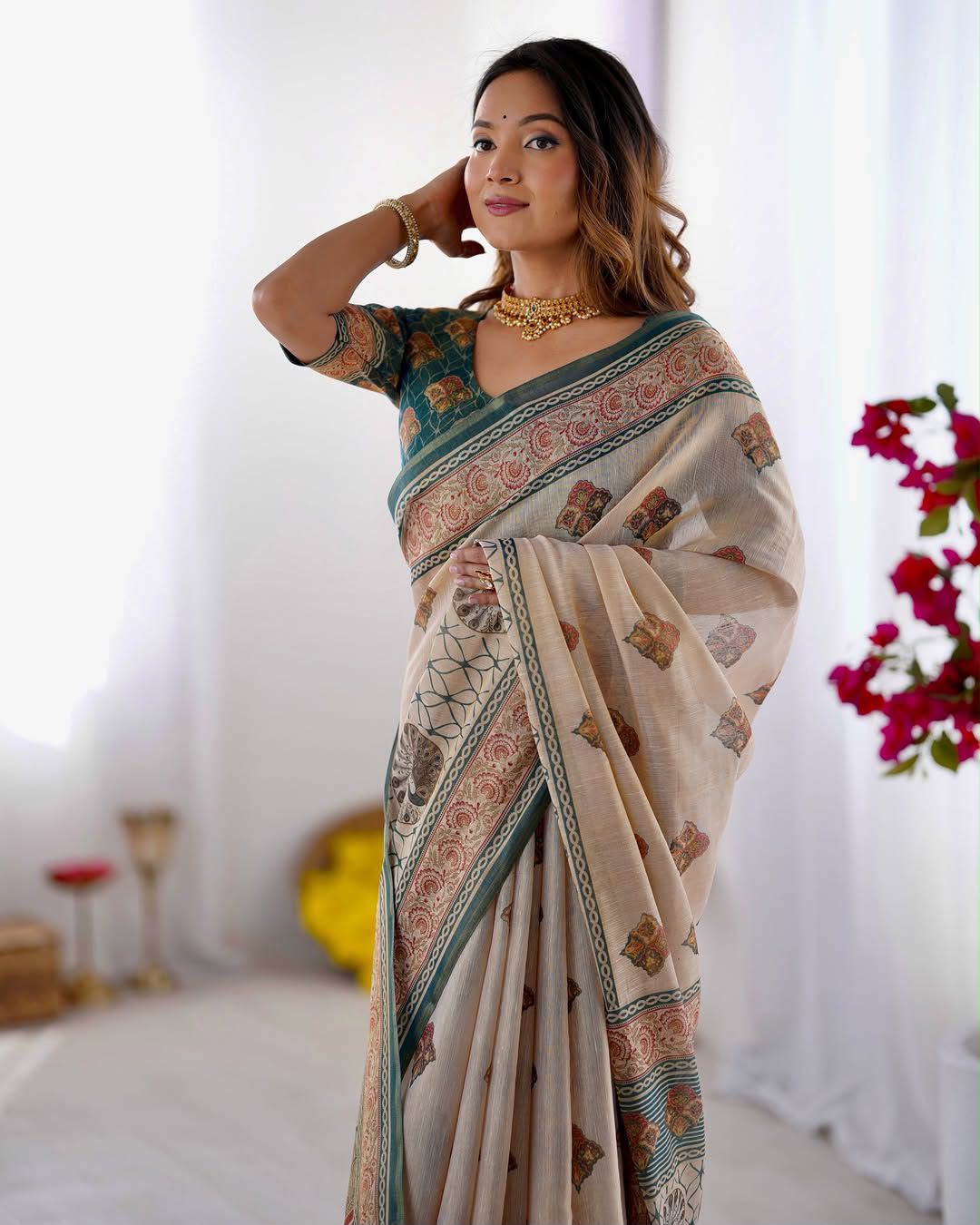 Women's Linen Cotton Saree in Beige with Horse Motif Digital Print - Traditional Casual Wear