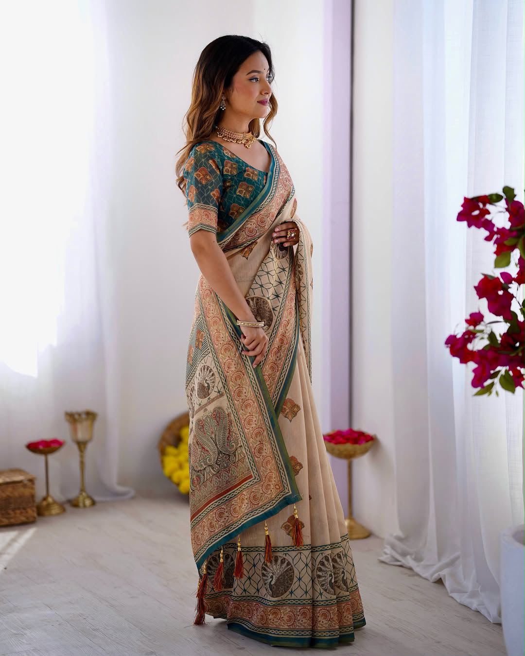 Women's Linen Cotton Saree in Beige with Horse Motif Digital Print - Traditional Casual Wear