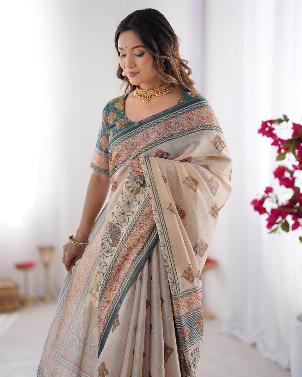 Women's Linen Cotton Saree in Beige with Horse Motif Digital Print - Traditional Casual Wear