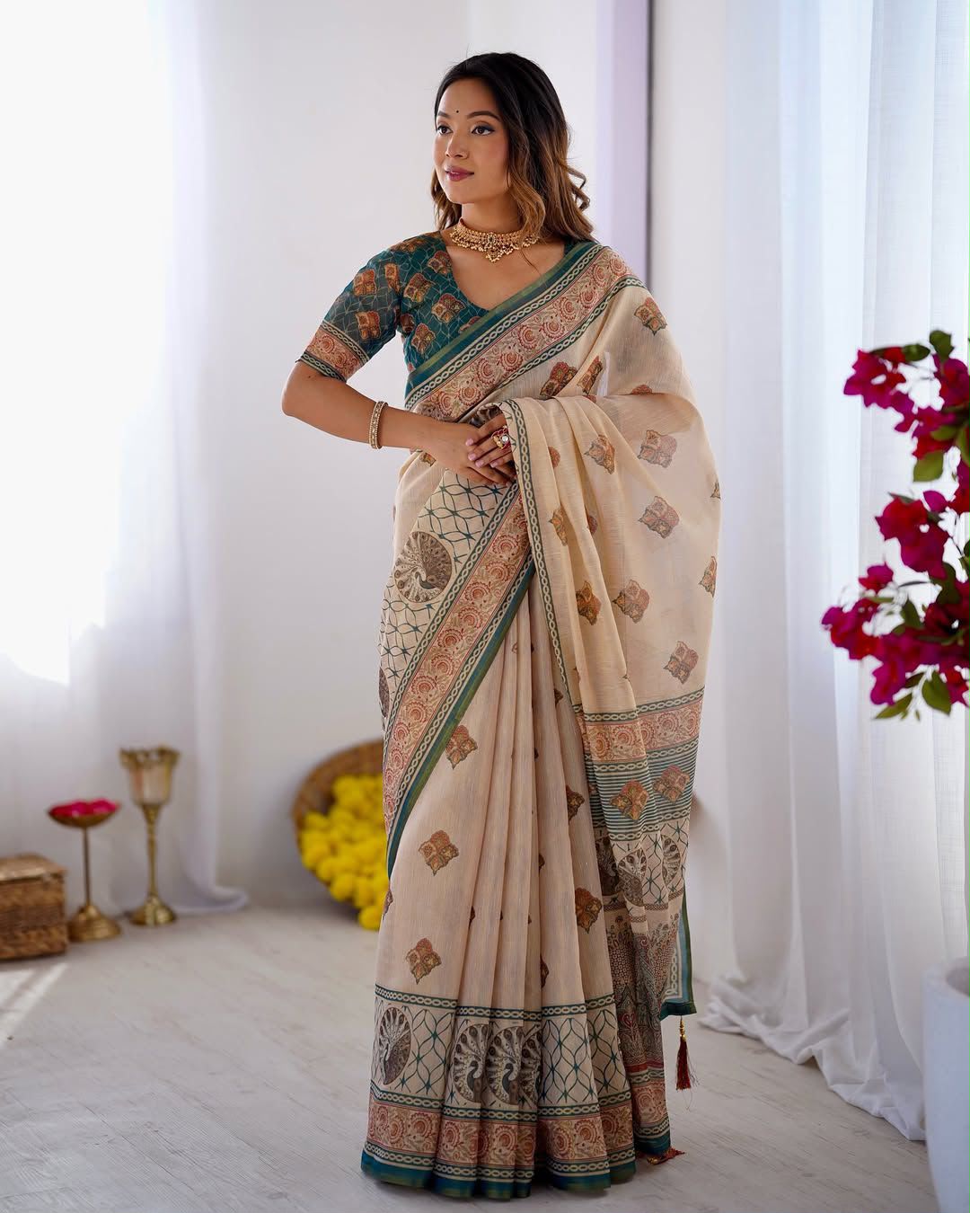 Women's Linen Cotton Saree in Beige with Horse Motif Digital Print - Traditional Casual Wear