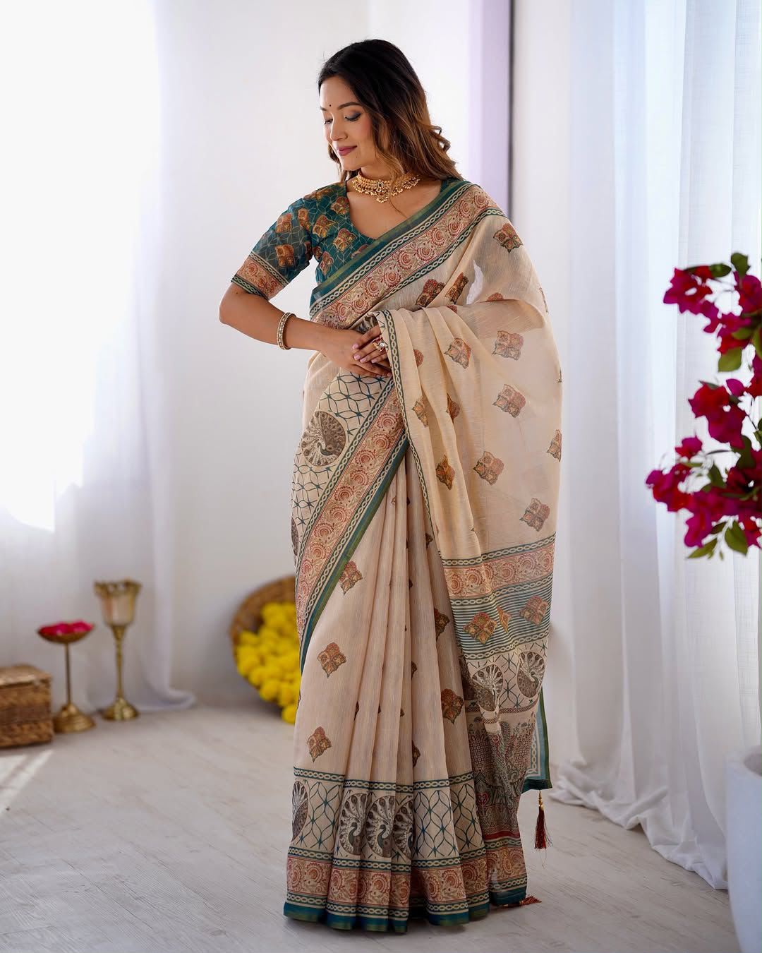 Women's Linen Cotton Saree in Beige with Horse Motif Digital Print - Traditional Casual Wear