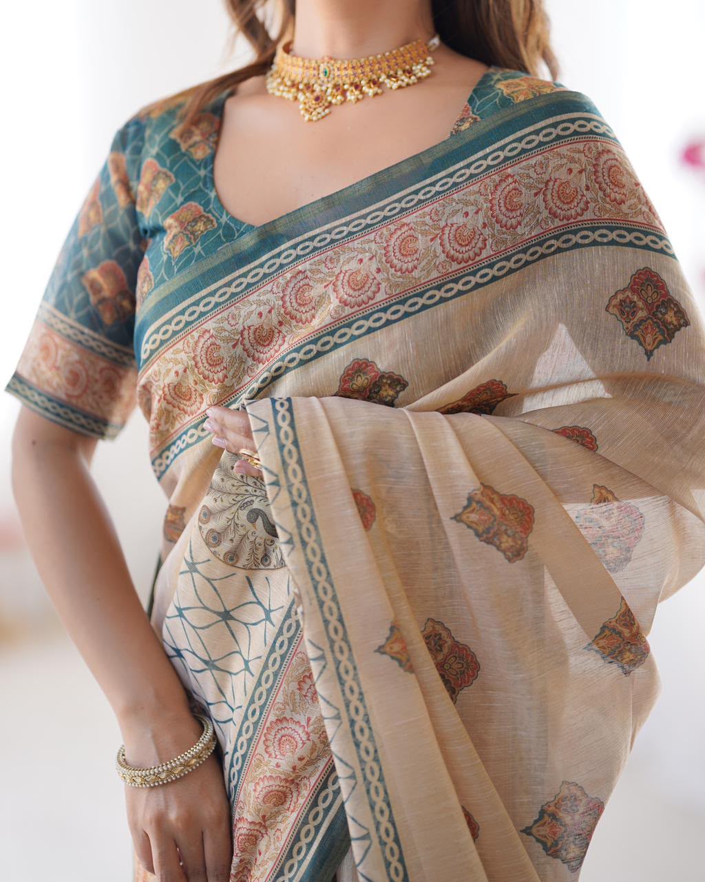 Women's Linen Cotton Saree in Beige with Horse Motif Digital Print - Traditional Casual Wear