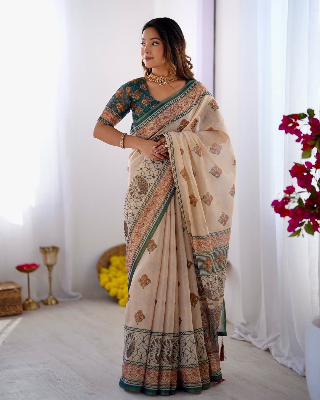 Women's Linen Cotton Saree in Beige with Horse Motif Digital Print - Traditional Casual Wear