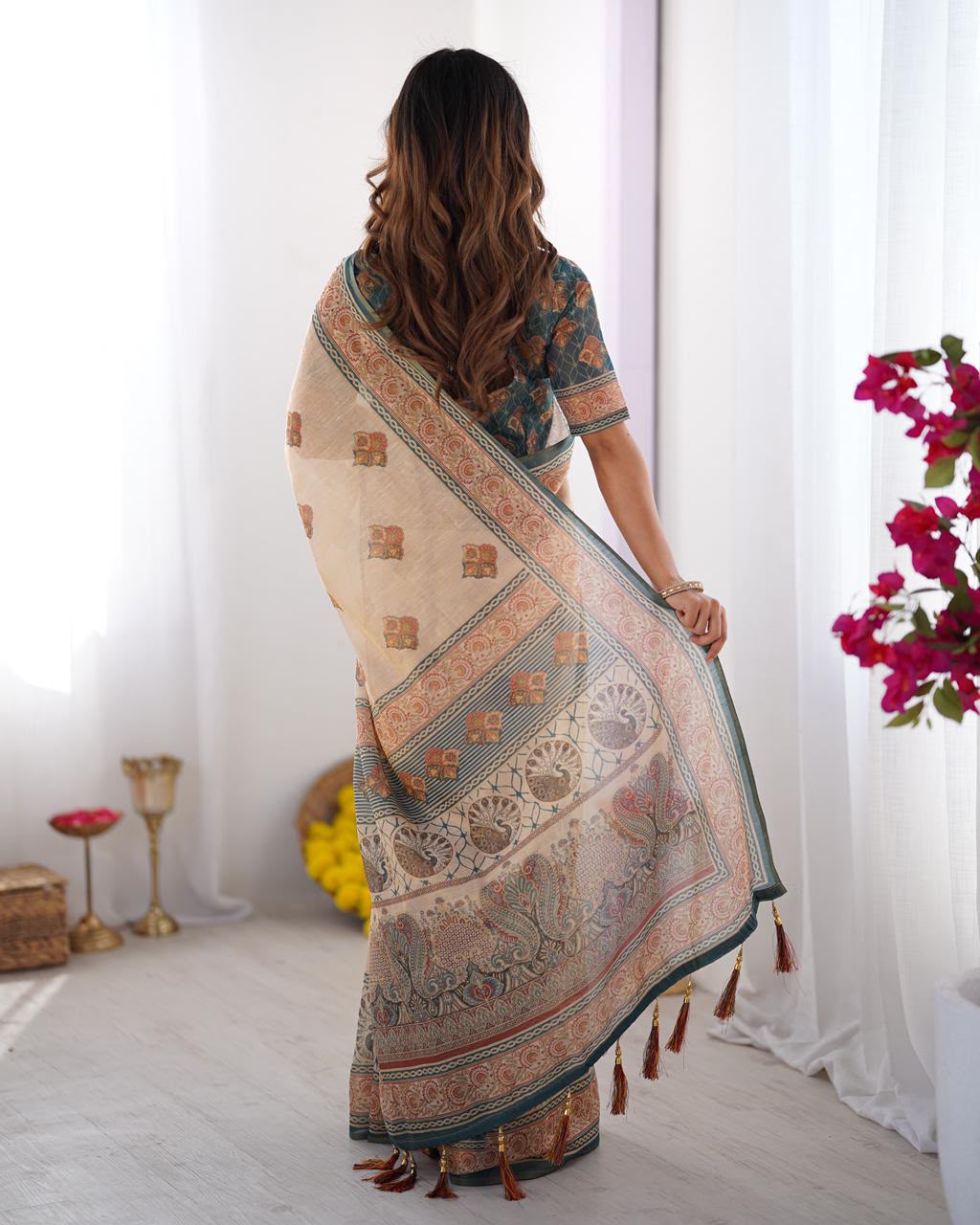 Women's Linen Cotton Saree in Beige with Horse Motif Digital Print - Traditional Casual Wear