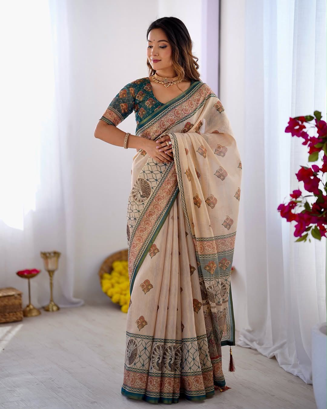 Women's Linen Cotton Saree in Beige with Horse Motif Digital Print - Traditional Casual Wear