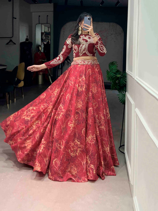 Premium Tasar silk lehenga in stunning hues, highlighted with sequins & thread work blouse – made for celebrations that shine.🪞