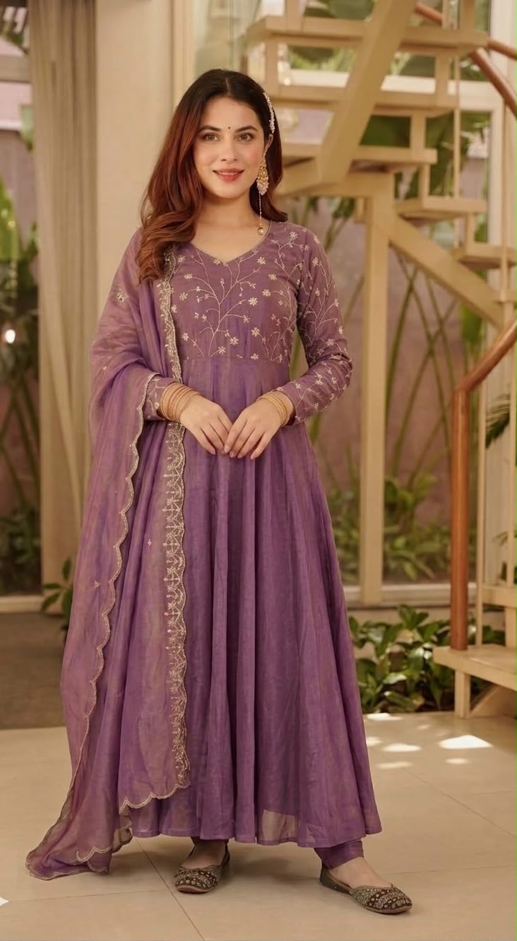 Women's Anarkali Suit in Lavender Cosmos Silk with Embroidery Sequence Work