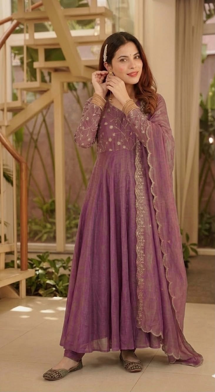 Women's Anarkali Suit in Lavender Cosmos Silk with Embroidery Sequence Work