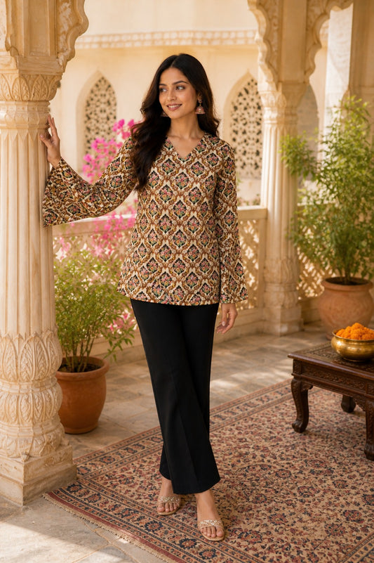 " ELEGANT WOMEN'S RAYON TOP | FLORAL PRINT, BELL SLEEVES & BACK DORI STYLE"