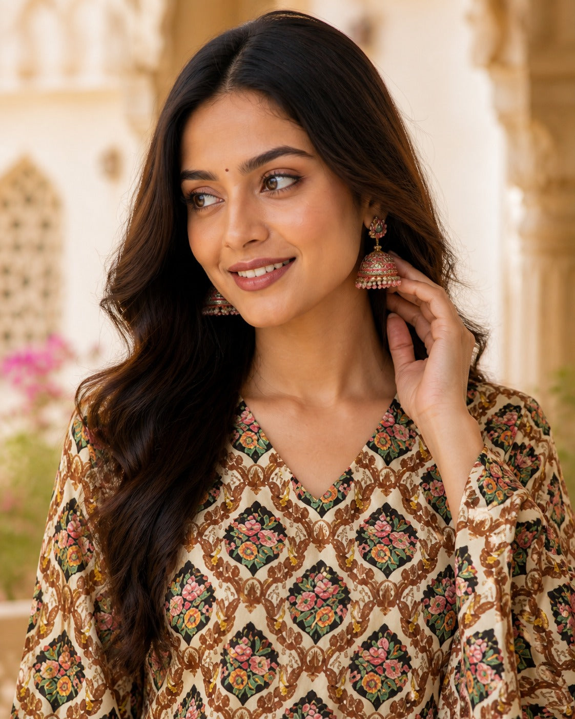 " ELEGANT WOMEN'S RAYON TOP | FLORAL PRINT, BELL SLEEVES & BACK DORI STYLE"