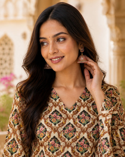 " ELEGANT WOMEN'S RAYON TOP | FLORAL PRINT, BELL SLEEVES & BACK DORI STYLE"