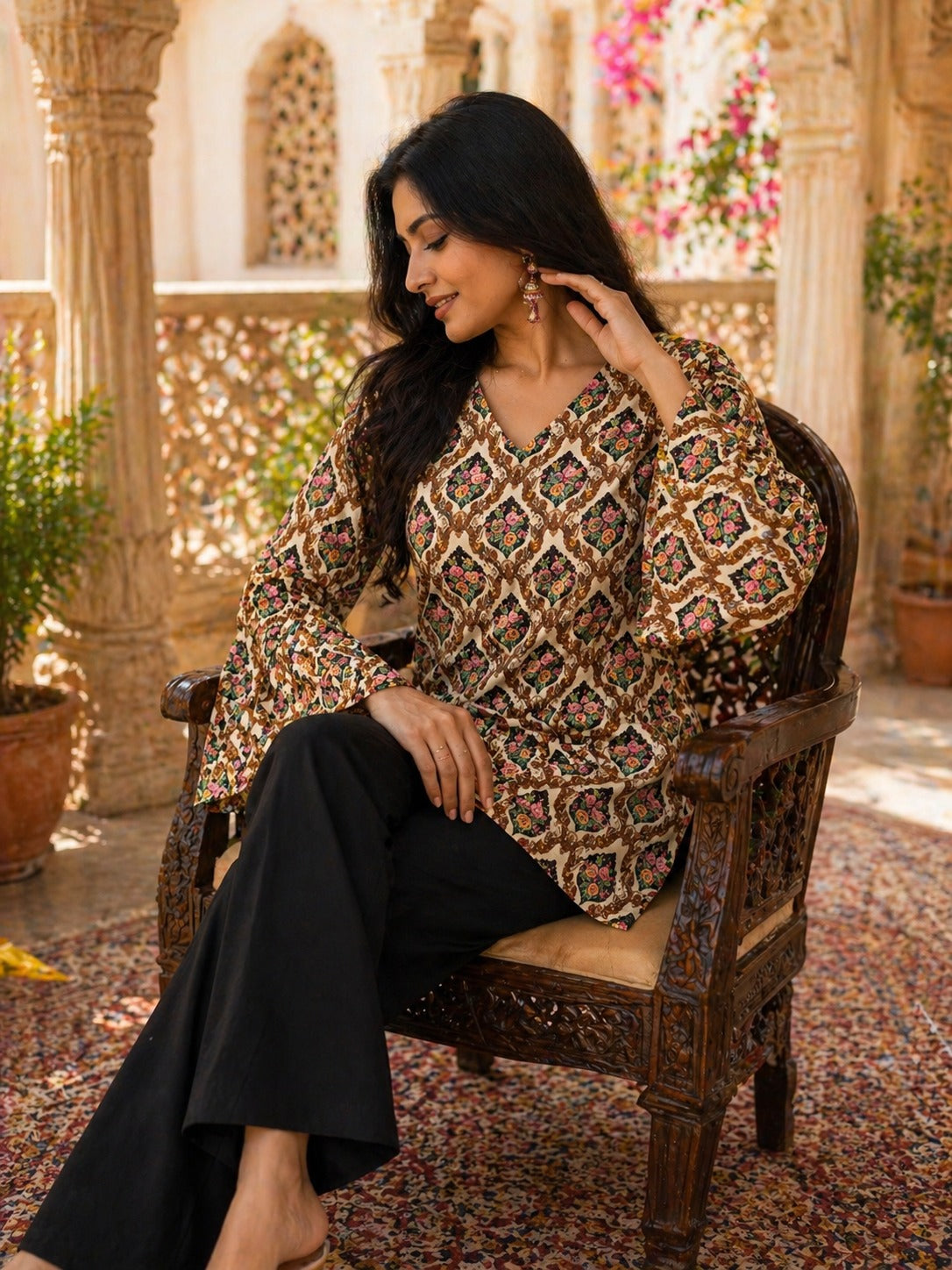 " ELEGANT WOMEN'S RAYON TOP | FLORAL PRINT, BELL SLEEVES & BACK DORI STYLE"