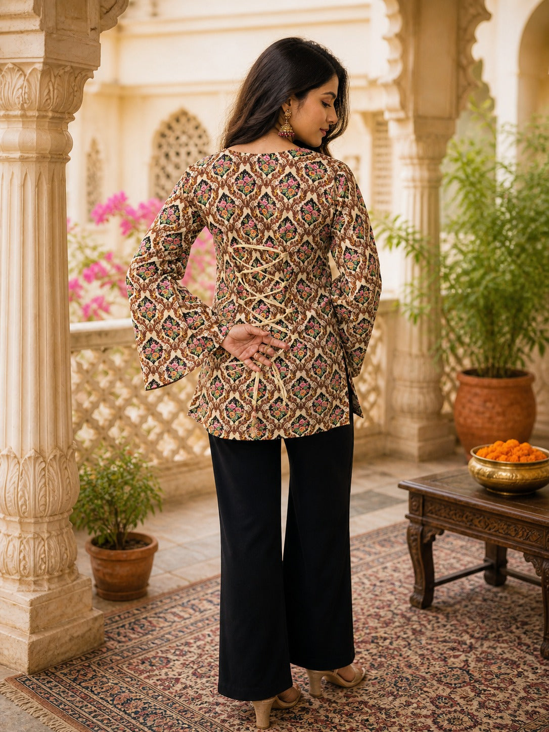 " ELEGANT WOMEN'S RAYON TOP | FLORAL PRINT, BELL SLEEVES & BACK DORI STYLE"