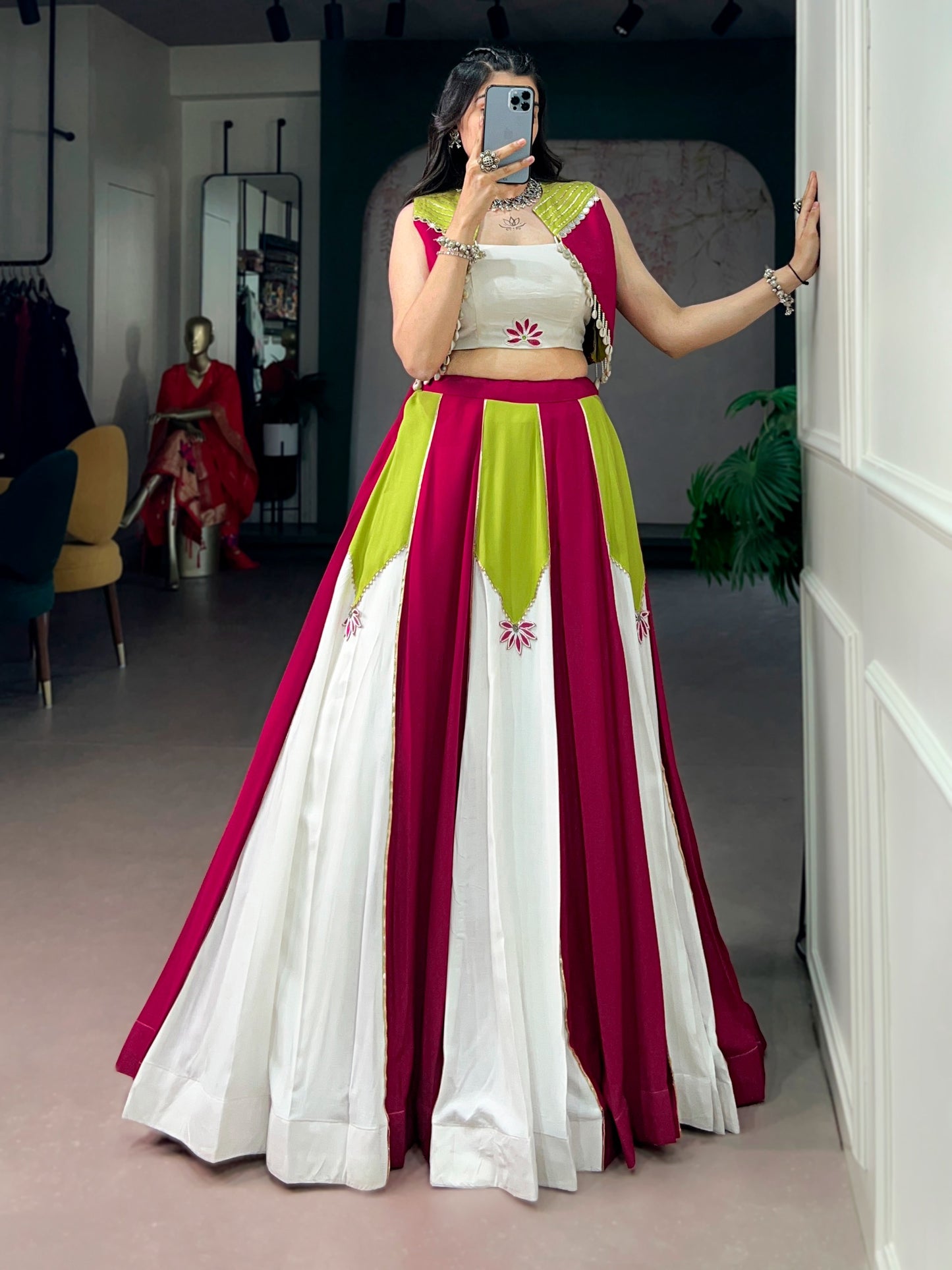 Modern Fusion Flare Lehenga in Vibrant Magenta and Pure White Paneling, Paired with an Off-White Crop Top Blouse and Lime Green Bordered Koti Jacket