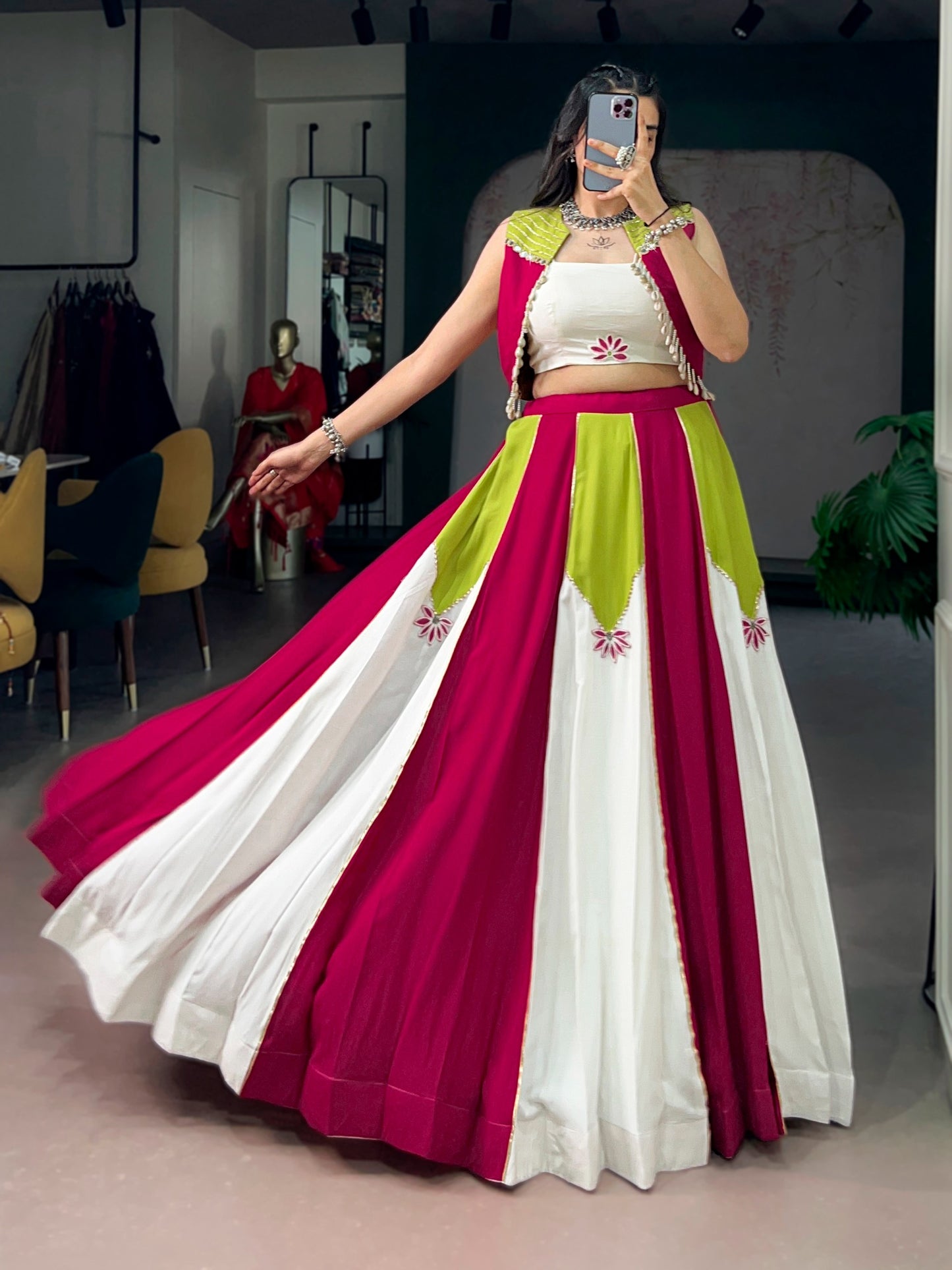 Modern Fusion Flare Lehenga in Vibrant Magenta and Pure White Paneling, Paired with an Off-White Crop Top Blouse and Lime Green Bordered Koti Jacket