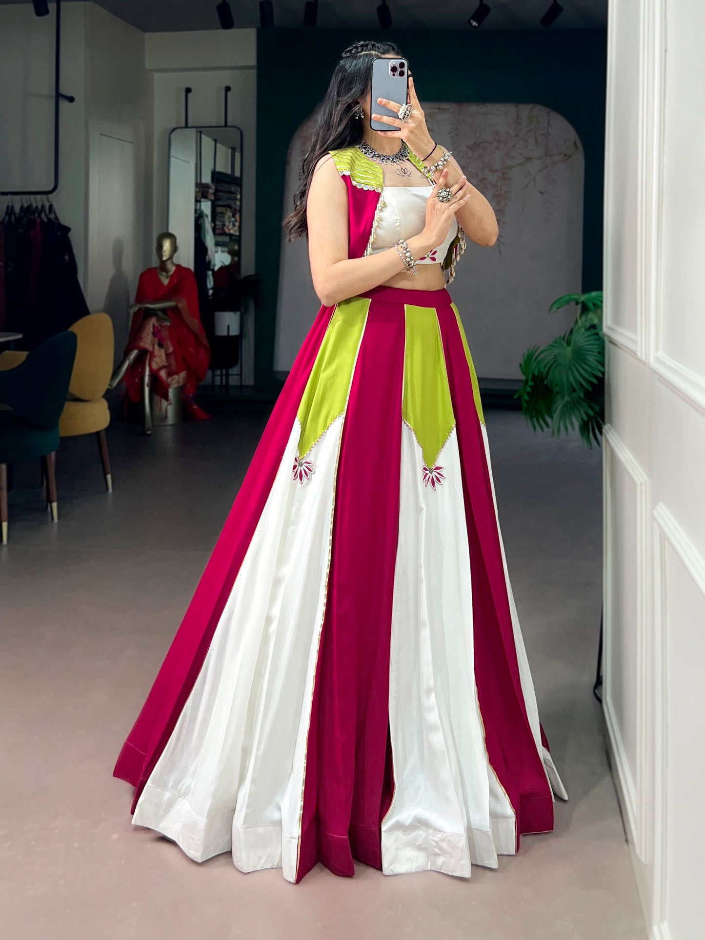 Modern Fusion Flare Lehenga in Vibrant Magenta and Pure White Paneling, Paired with an Off-White Crop Top Blouse and Lime Green Bordered Koti Jacket