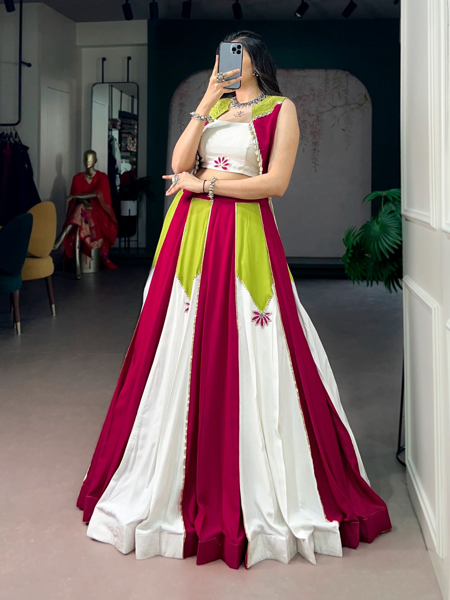 Modern Fusion Flare Lehenga in Vibrant Magenta and Pure White Paneling, Paired with an Off-White Crop Top Blouse and Lime Green Bordered Koti Jacket