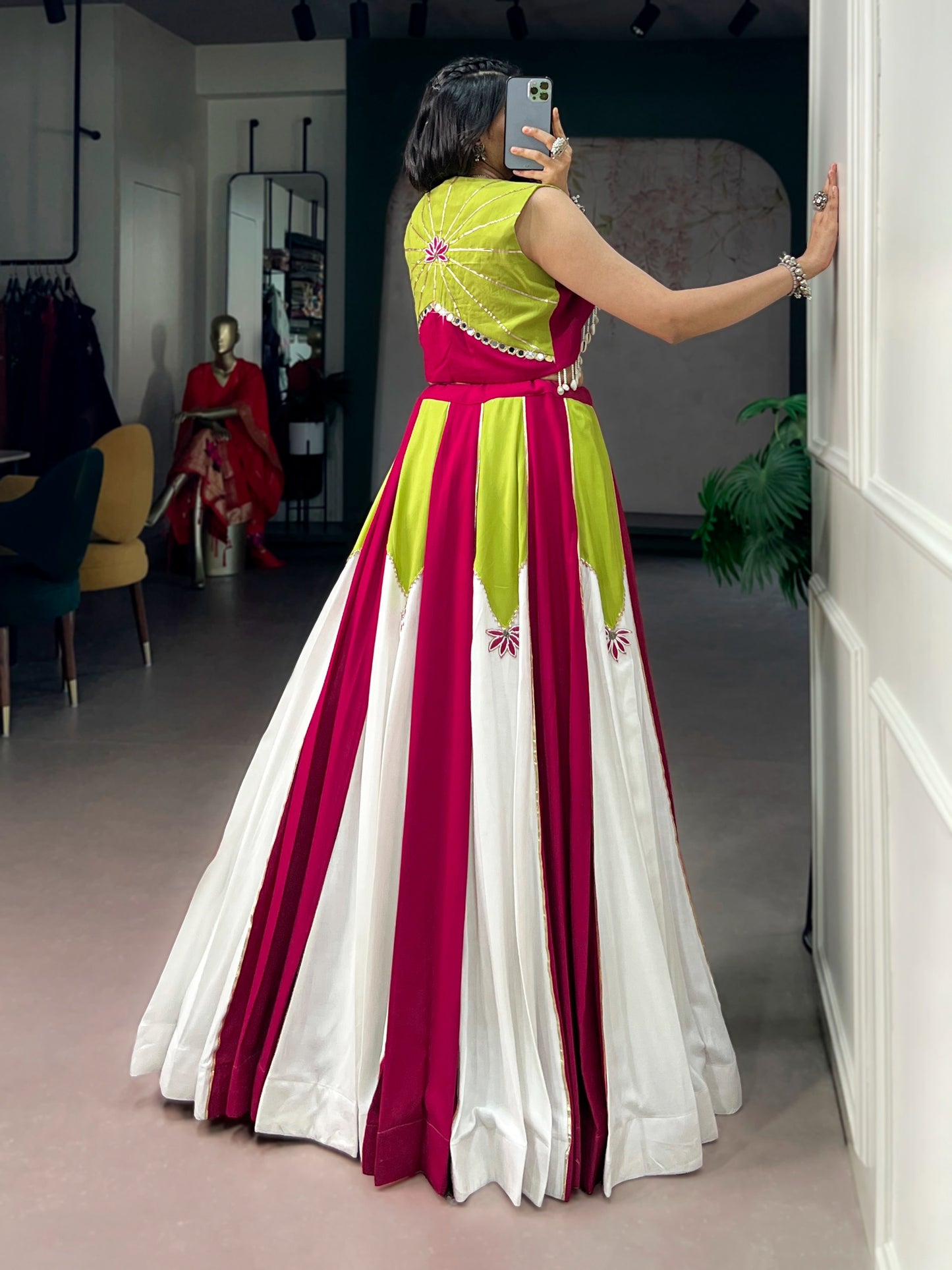 Modern Fusion Flare Lehenga in Vibrant Magenta and Pure White Paneling, Paired with an Off-White Crop Top Blouse and Lime Green Bordered Koti Jacket