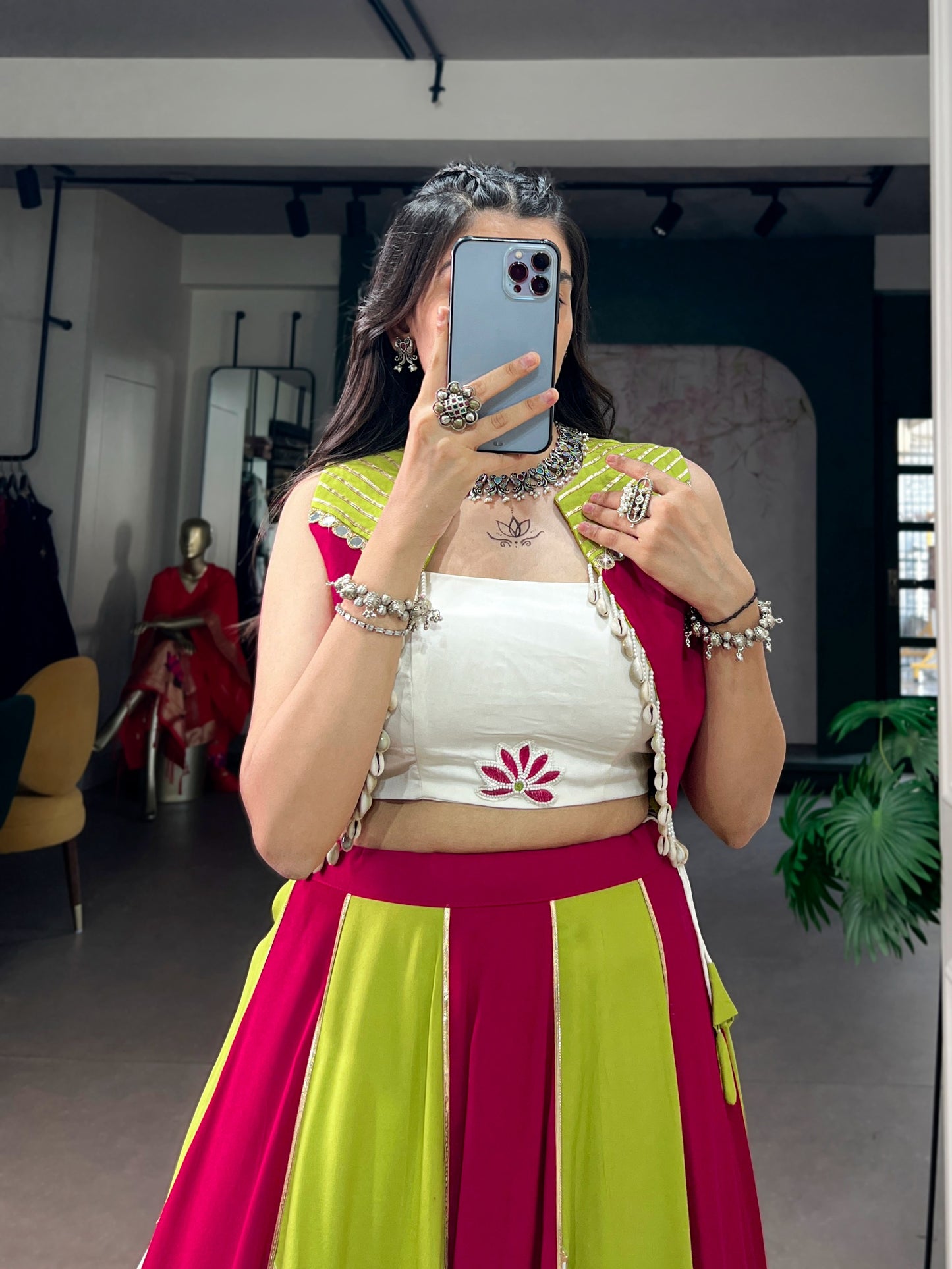 Modern Fusion Flare Lehenga in Vibrant Magenta and Pure White Paneling, Paired with an Off-White Crop Top Blouse and Lime Green Bordered Koti Jacket