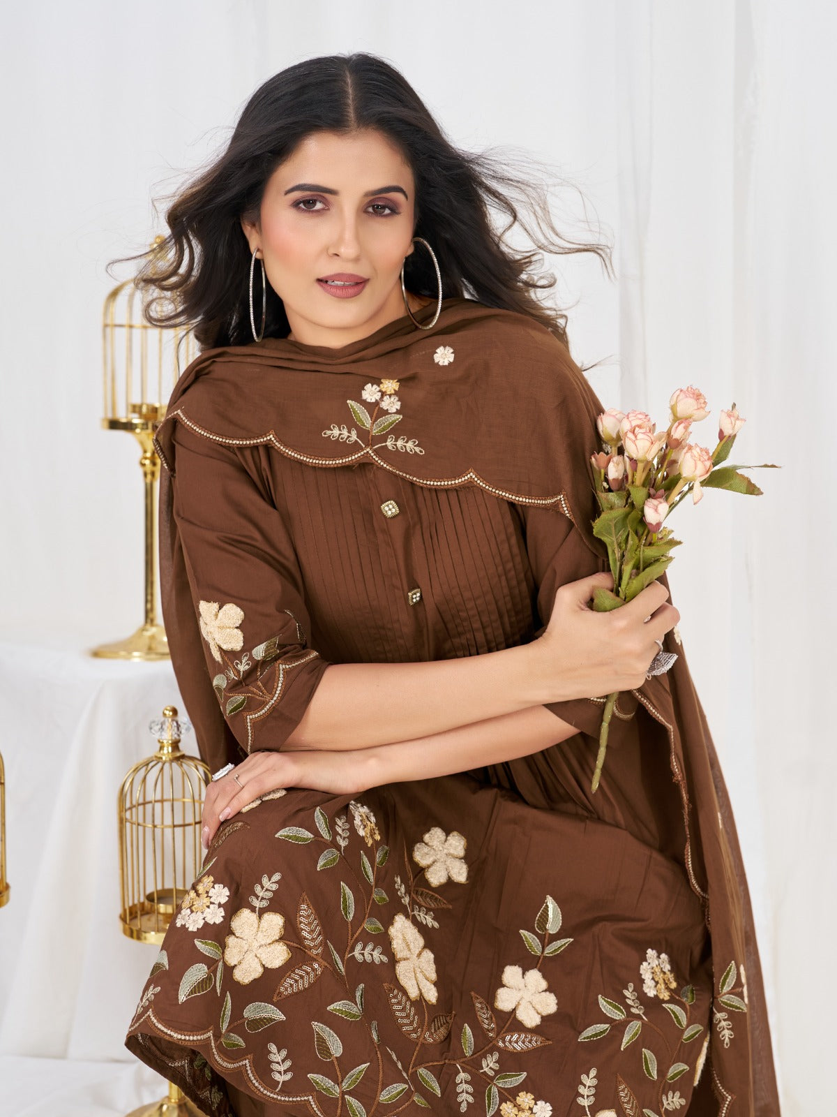Elegant Pleated Anarkali Kurta Set with Floral Embroidery and Sheer Dupatta