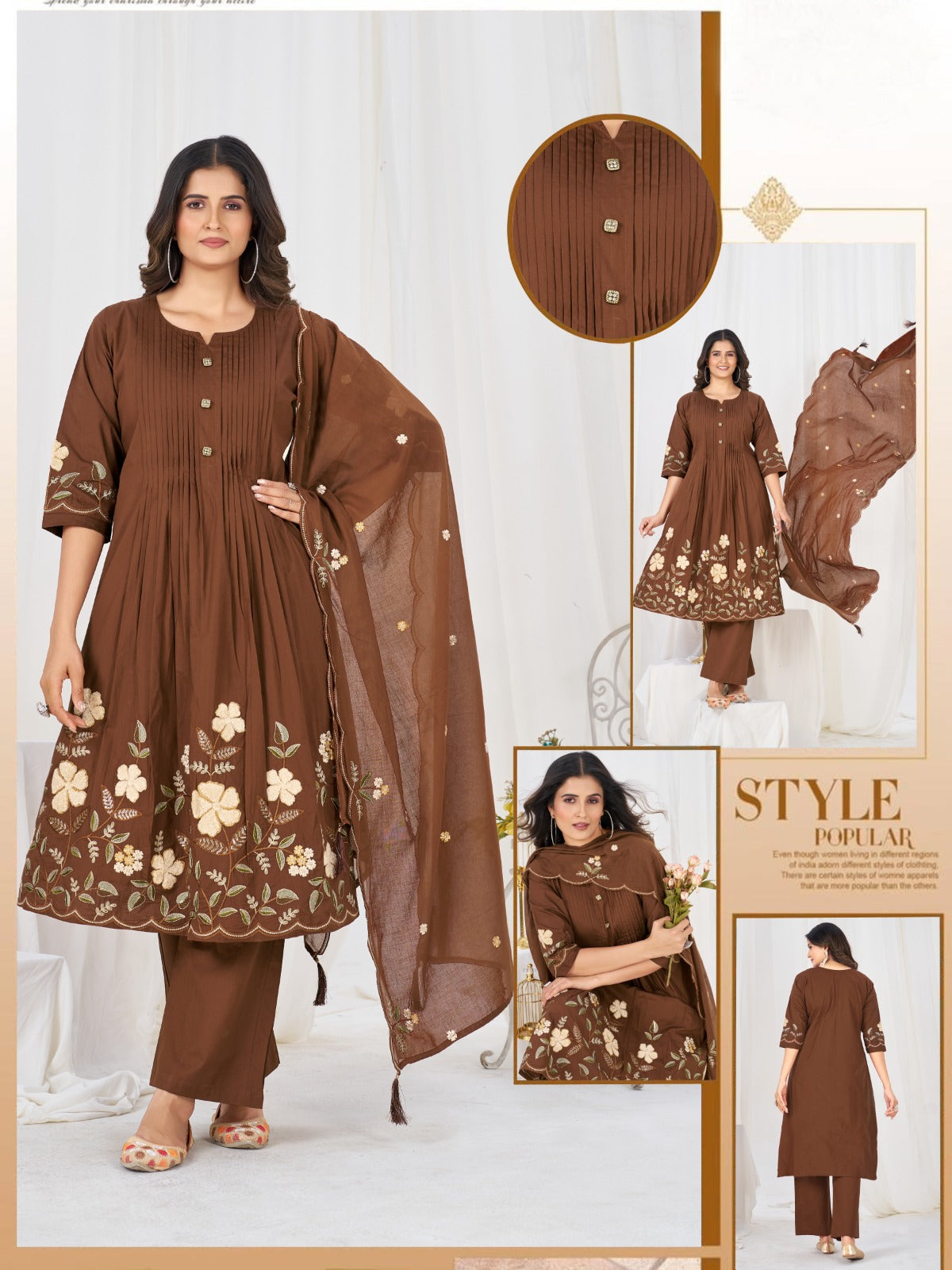 Elegant Pleated Anarkali Kurta Set with Floral Embroidery and Sheer Dupatta