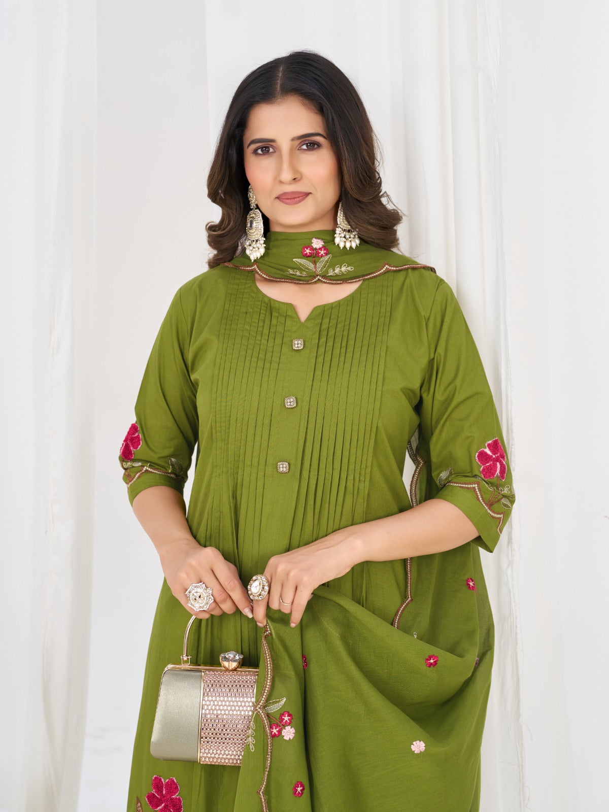 Elegant Pleated Anarkali Kurta Set with Floral Embroidery and Sheer Dupatta