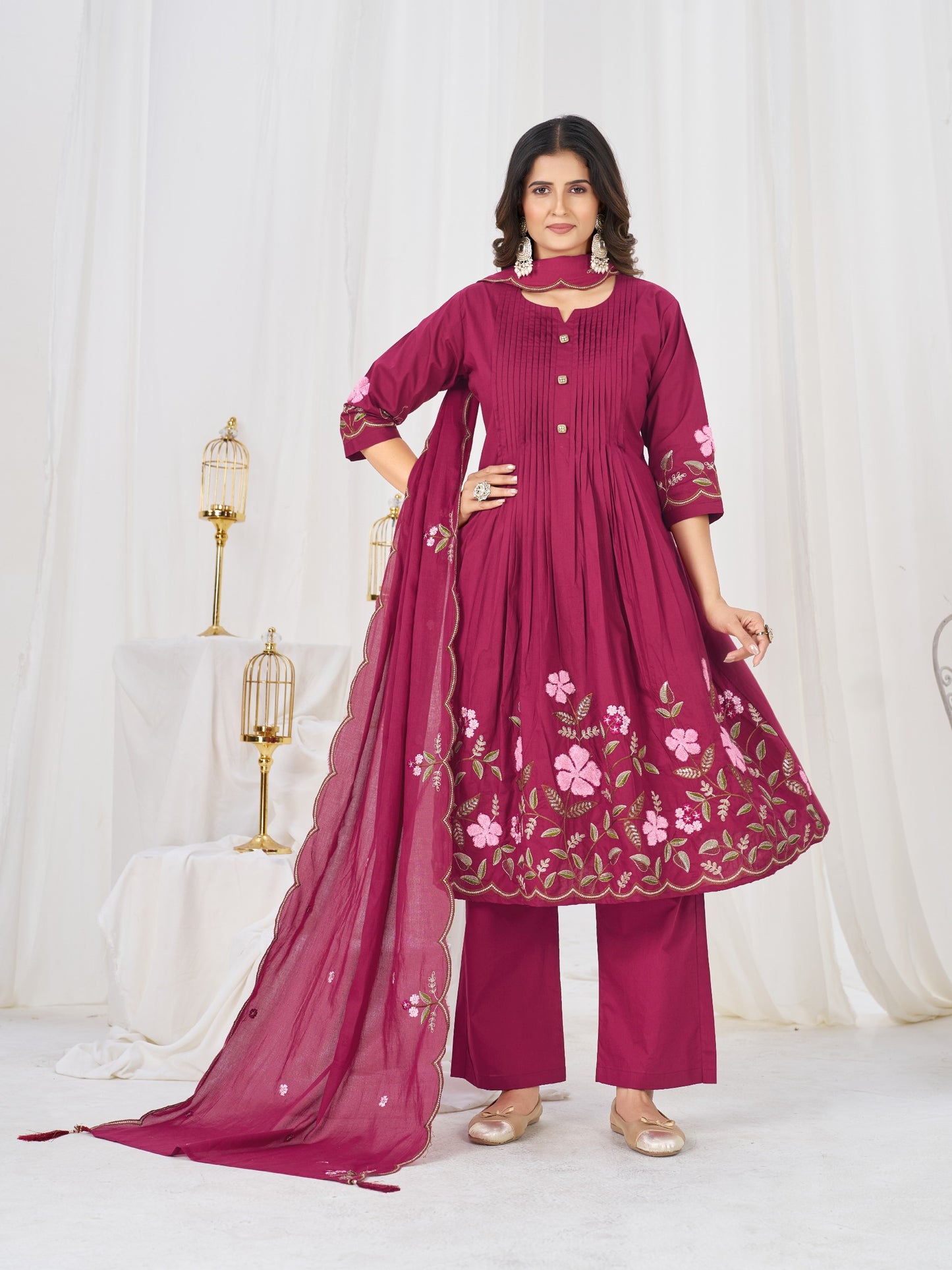 Elegant Pleated Anarkali Kurta Set with Floral Embroidery and Sheer Dupatta