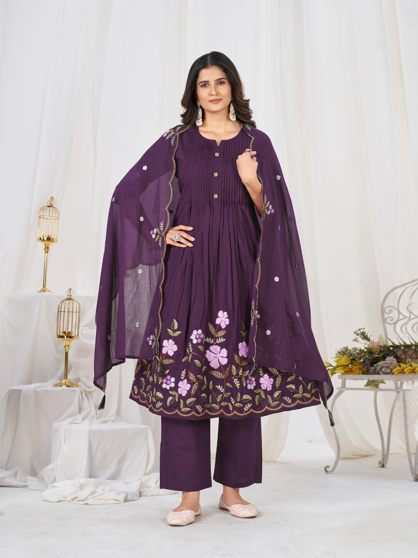 Elegant Pleated Anarkali Kurta Set with Floral Embroidery and Sheer Dupatta