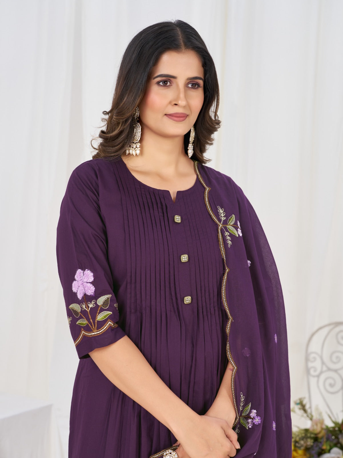 Elegant Pleated Anarkali Kurta Set with Floral Embroidery and Sheer Dupatta