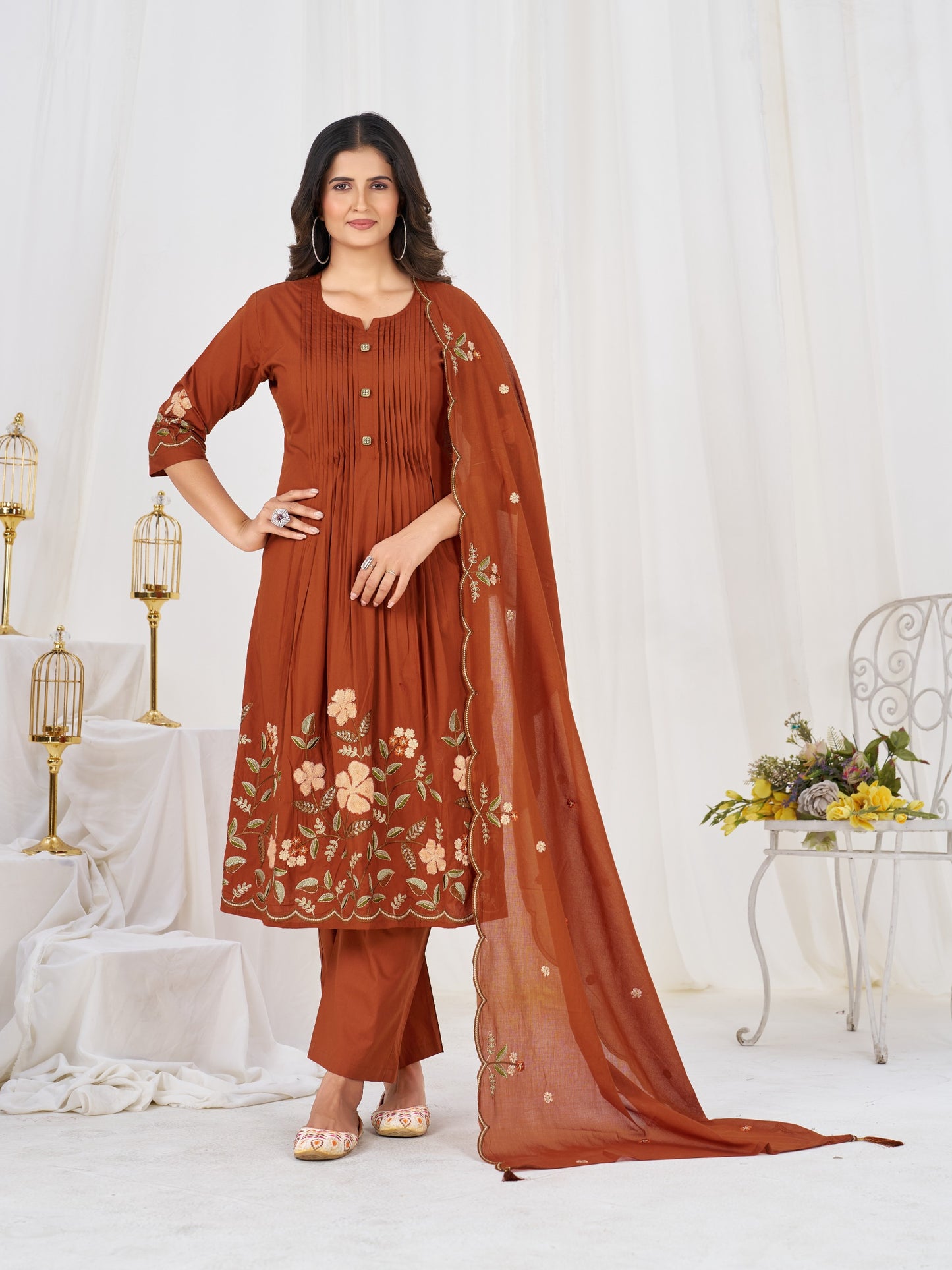Elegant Pleated Anarkali Kurta Set with Floral Embroidery and Sheer Dupatta