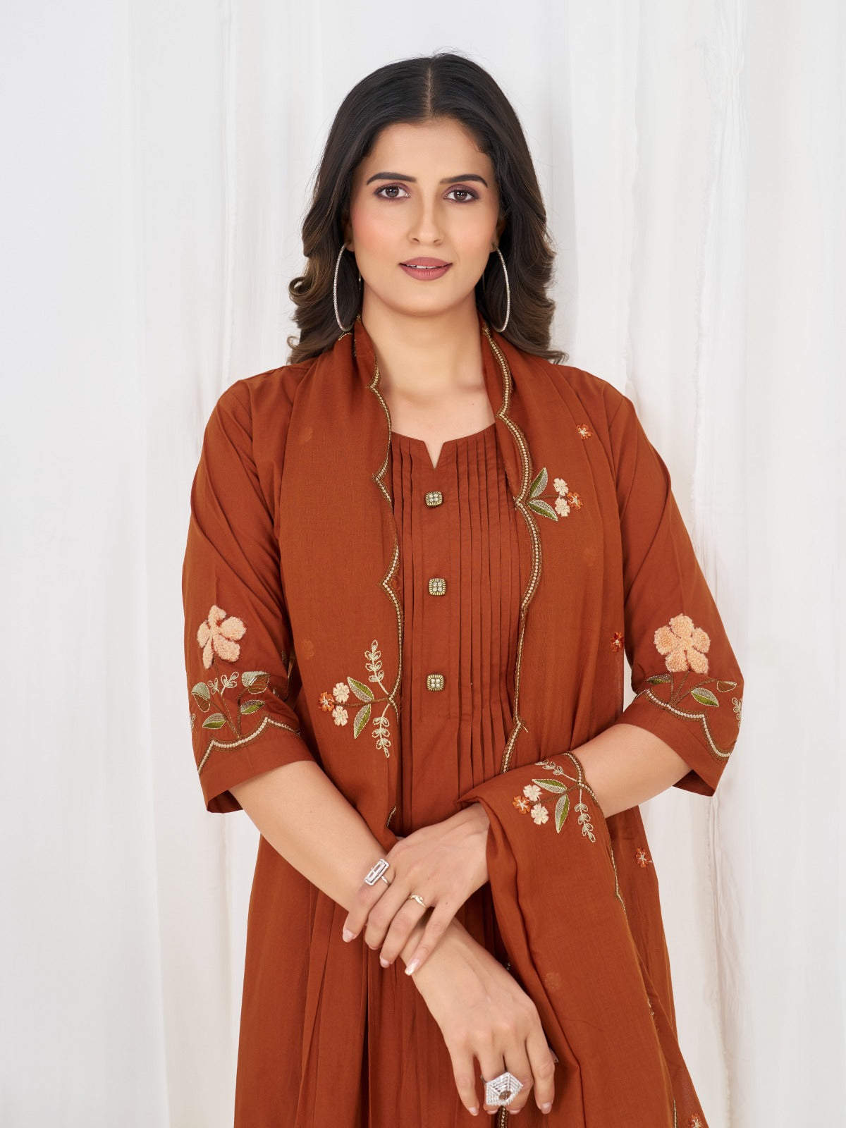Elegant Pleated Anarkali Kurta Set with Floral Embroidery and Sheer Dupatta