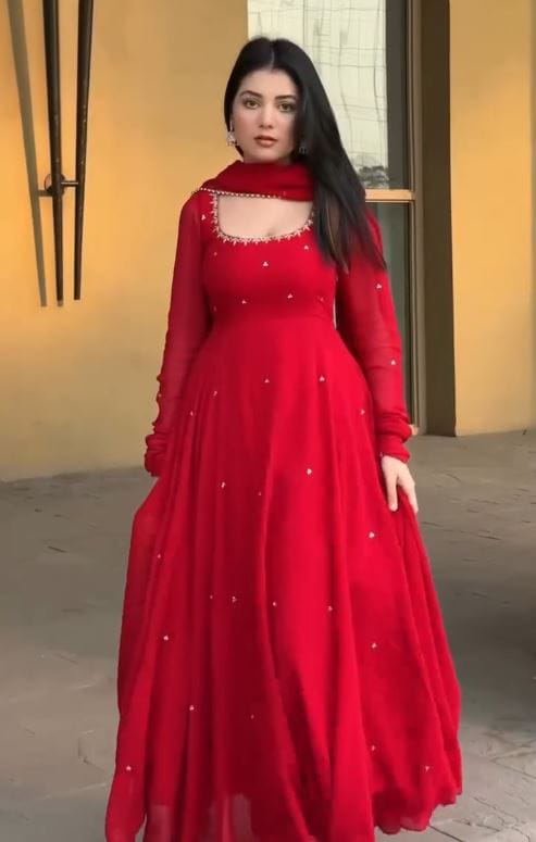 Women's Gown Set in Red Georgette with Bead Embroidery Buti Work
