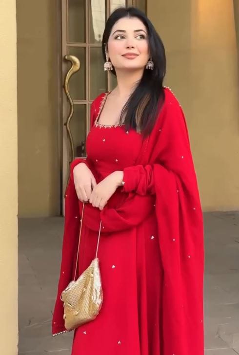 Women's Gown Set in Red Georgette with Bead Embroidery Buti Work