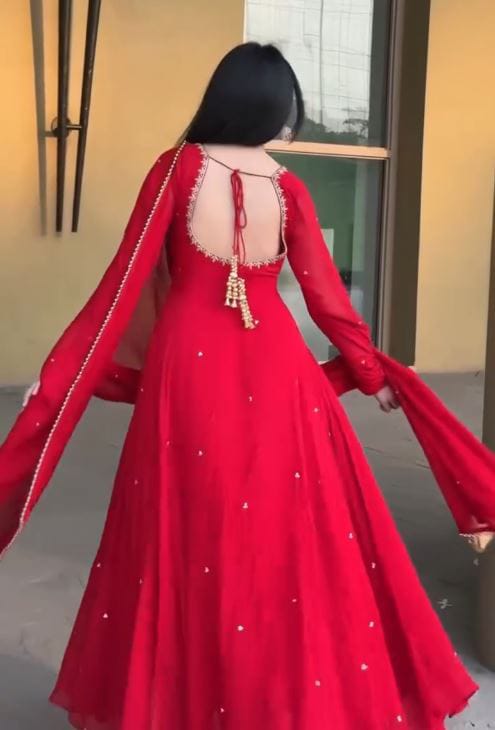 Women's Gown Set in Red Georgette with Bead Embroidery Buti Work