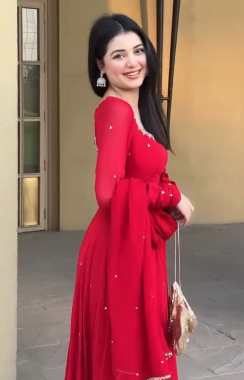 Women's Gown Set in Red Georgette with Bead Embroidery Buti Work