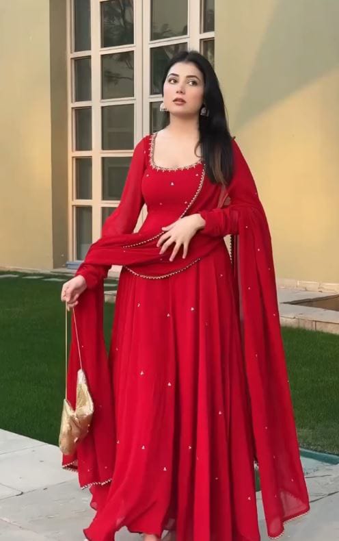 Women's Gown Set in Red Georgette with Bead Embroidery Buti Work